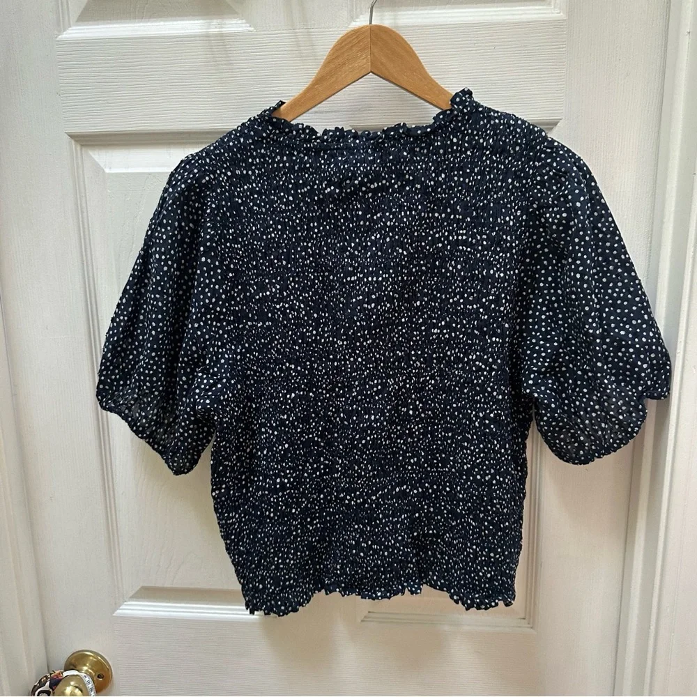 J. Crew Navy White Speckled Blouse Smocked top XL - Picture 9 of 11